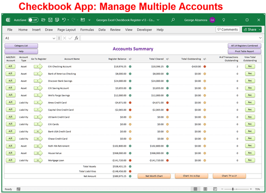 Checkbook App Manage Multiple Financial Accounts In Excel