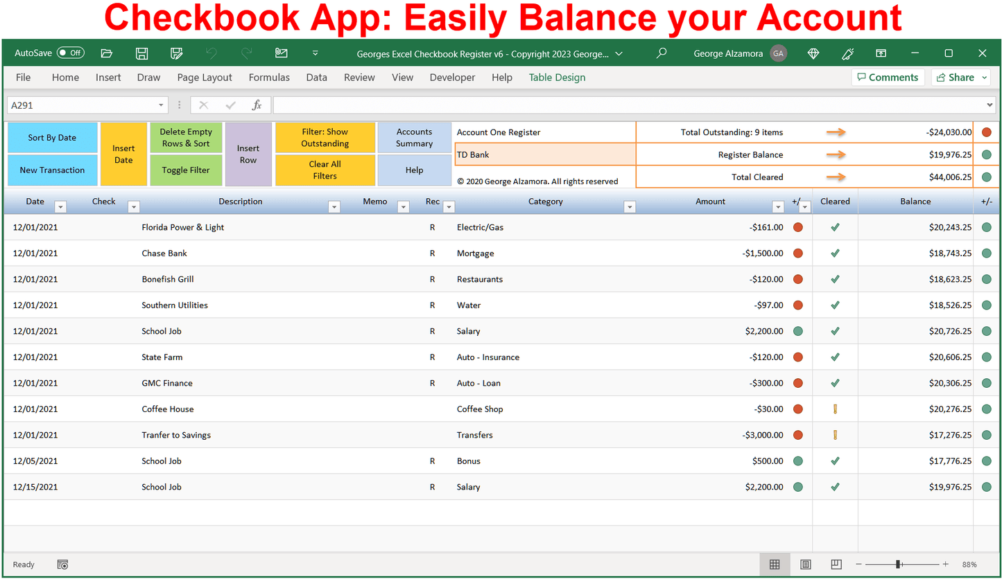 Checkbook App Register Template