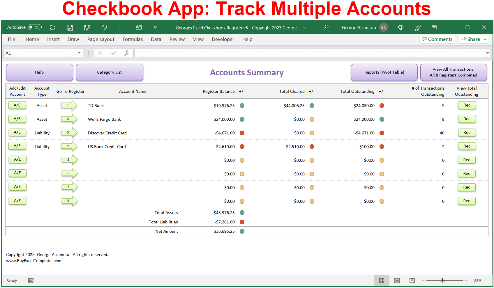 Checkbook App with Income and Expense Category Reports: Spreadsheet ...