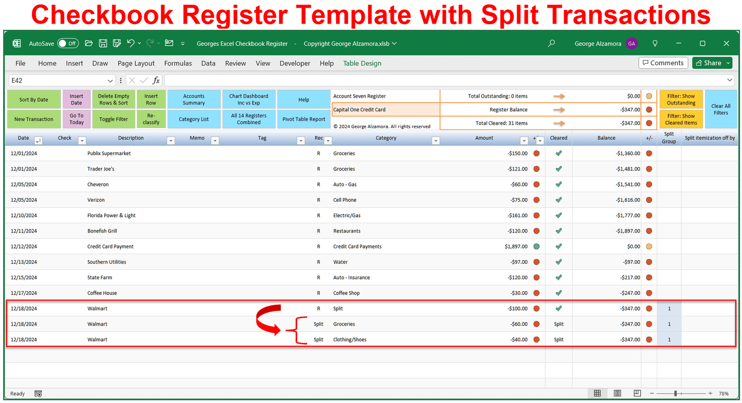 Checkbook Register Template with Split Transactions
