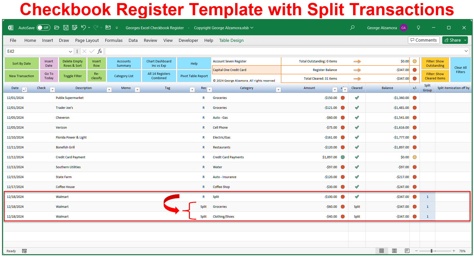 Checkbook Register Template with Split Transactions