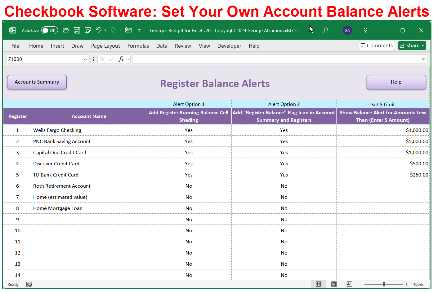 Checkbook Software Account Alerts