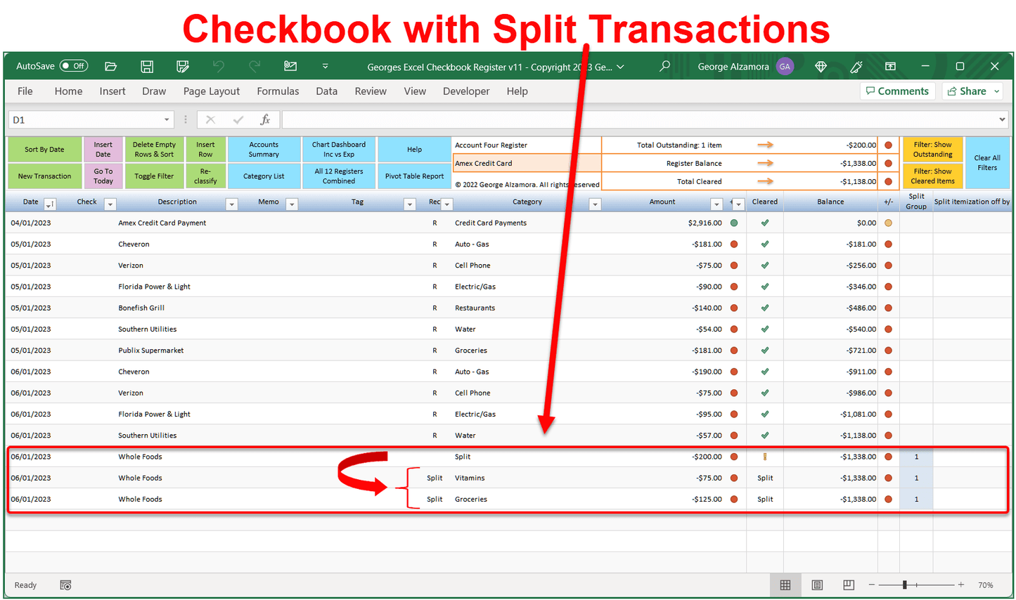 Checkbook Spreadsheet with Split Transactions | Georges Excel Checkbook Register v11