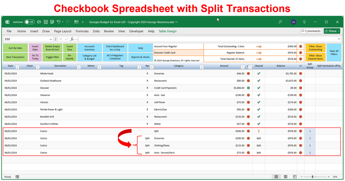 Checkbook Spreadsheet Template with Split Transactions