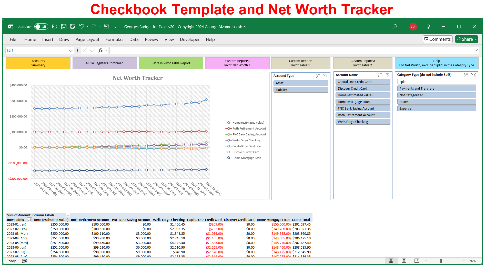 Checkbook template and net worth tracker