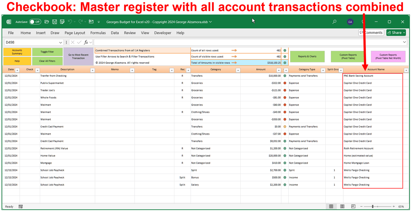 Checkbook App View All Account Transactions in One Master Register