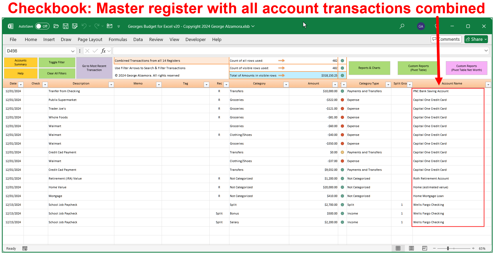 Checkbook App View All Account Transactions in One Master Register