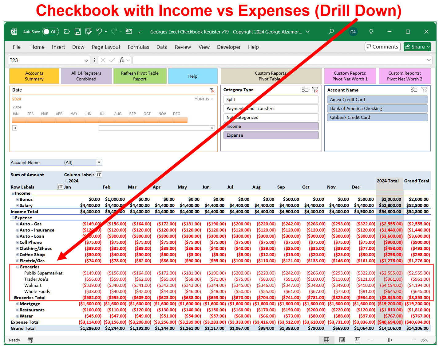Checkbook With Income Vs Expenses Category Reports