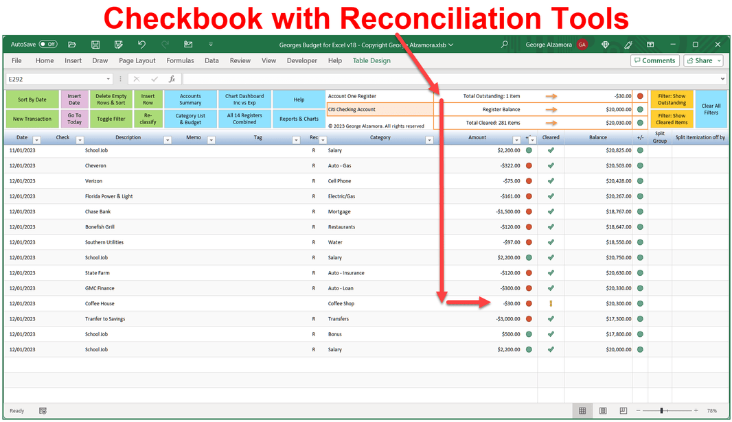 Excel Checkbook Register Template Categories Reconciliation Spending