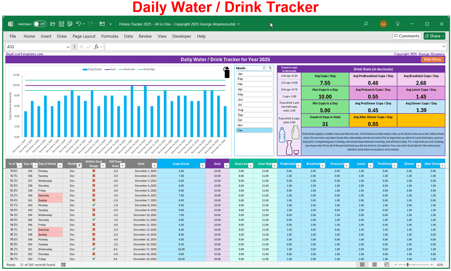 Complete Wellness Bundle: Daily Water Tracker Spreadsheet