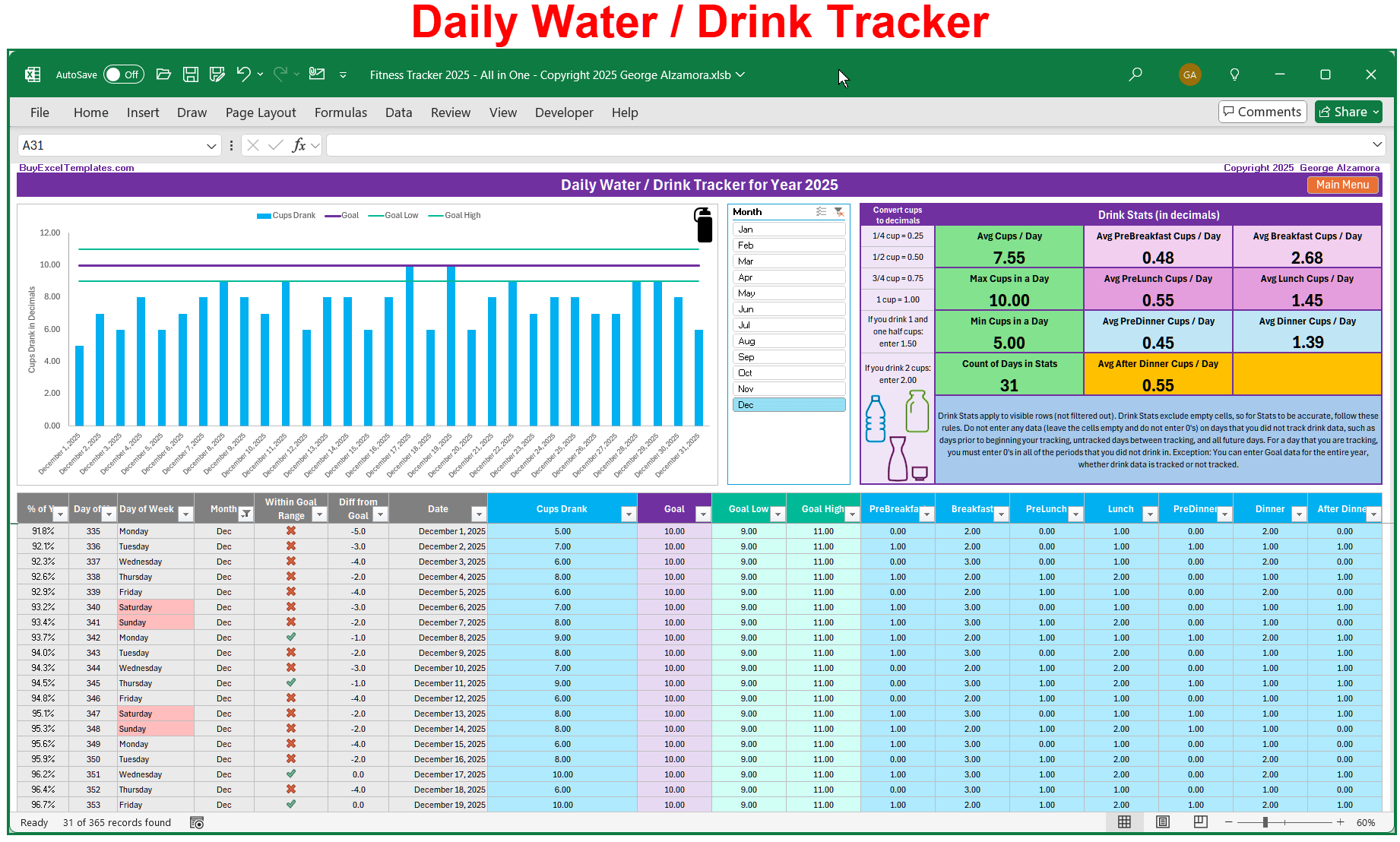 Complete Wellness Bundle: Daily Water Tracker Spreadsheet