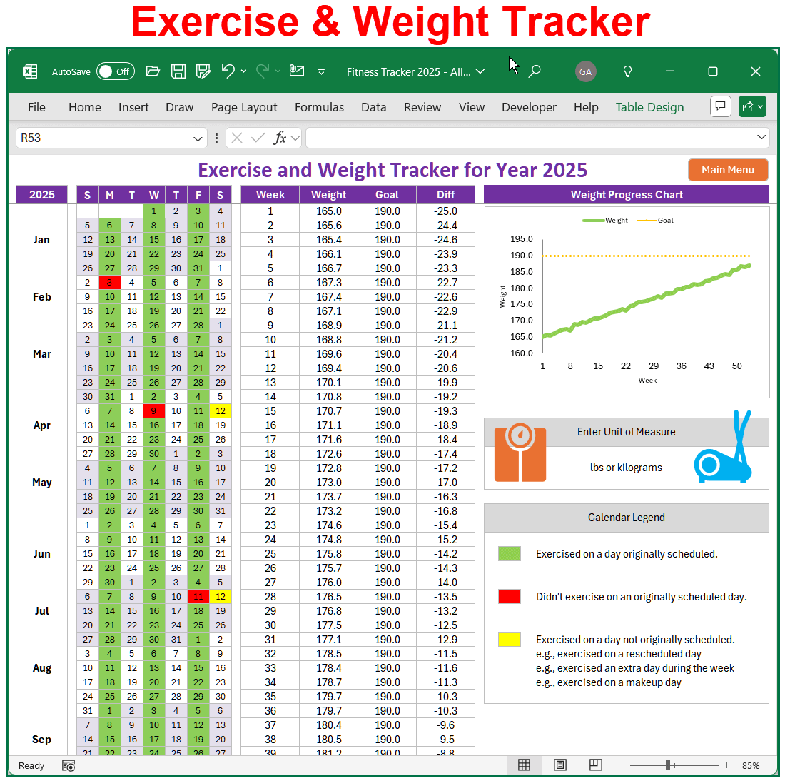 Complete Wellness Bundle: Exercise and Weekly Weight Tracker Spreadsheet