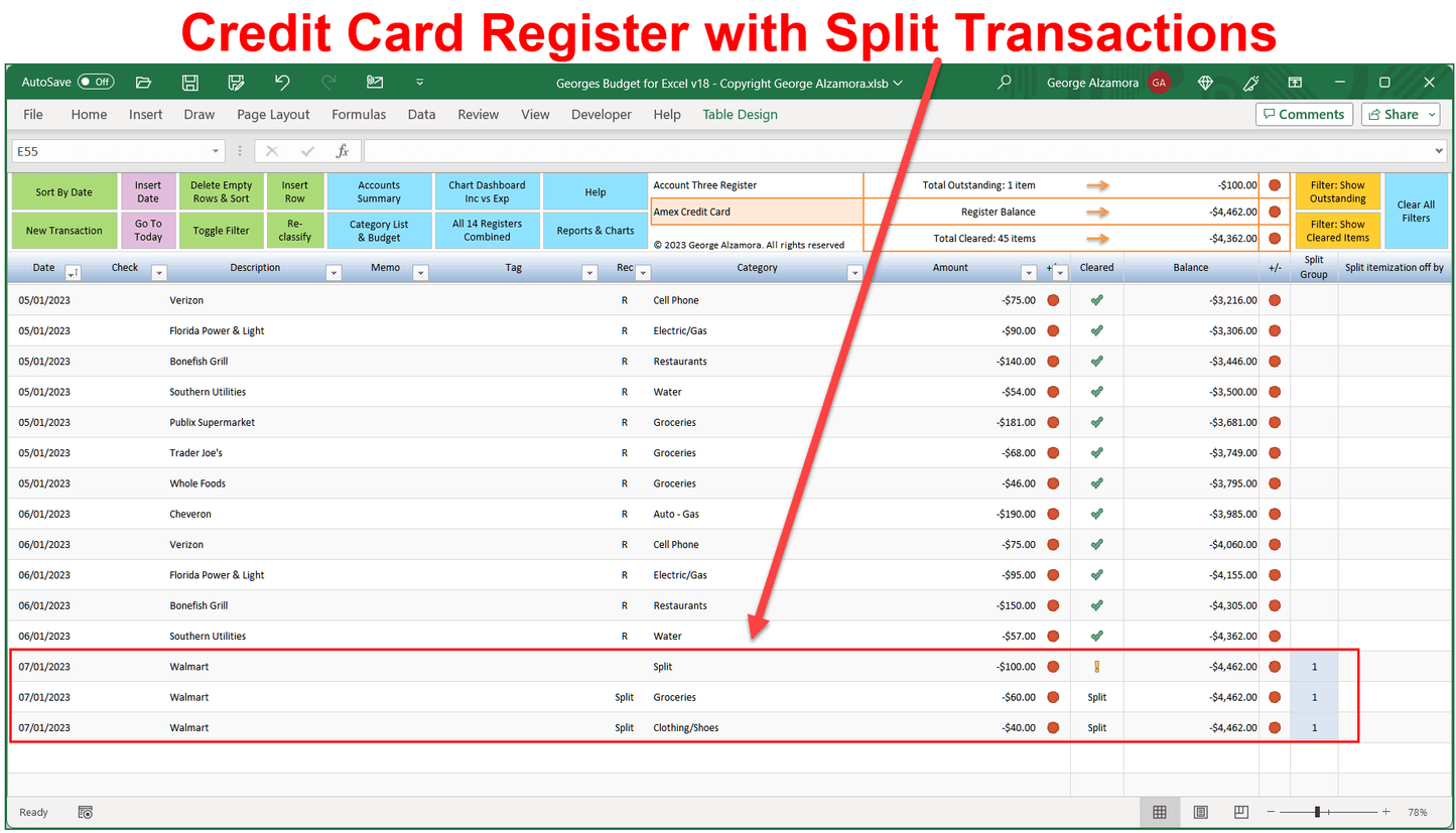 Credit card register with split transactions spreadsheet