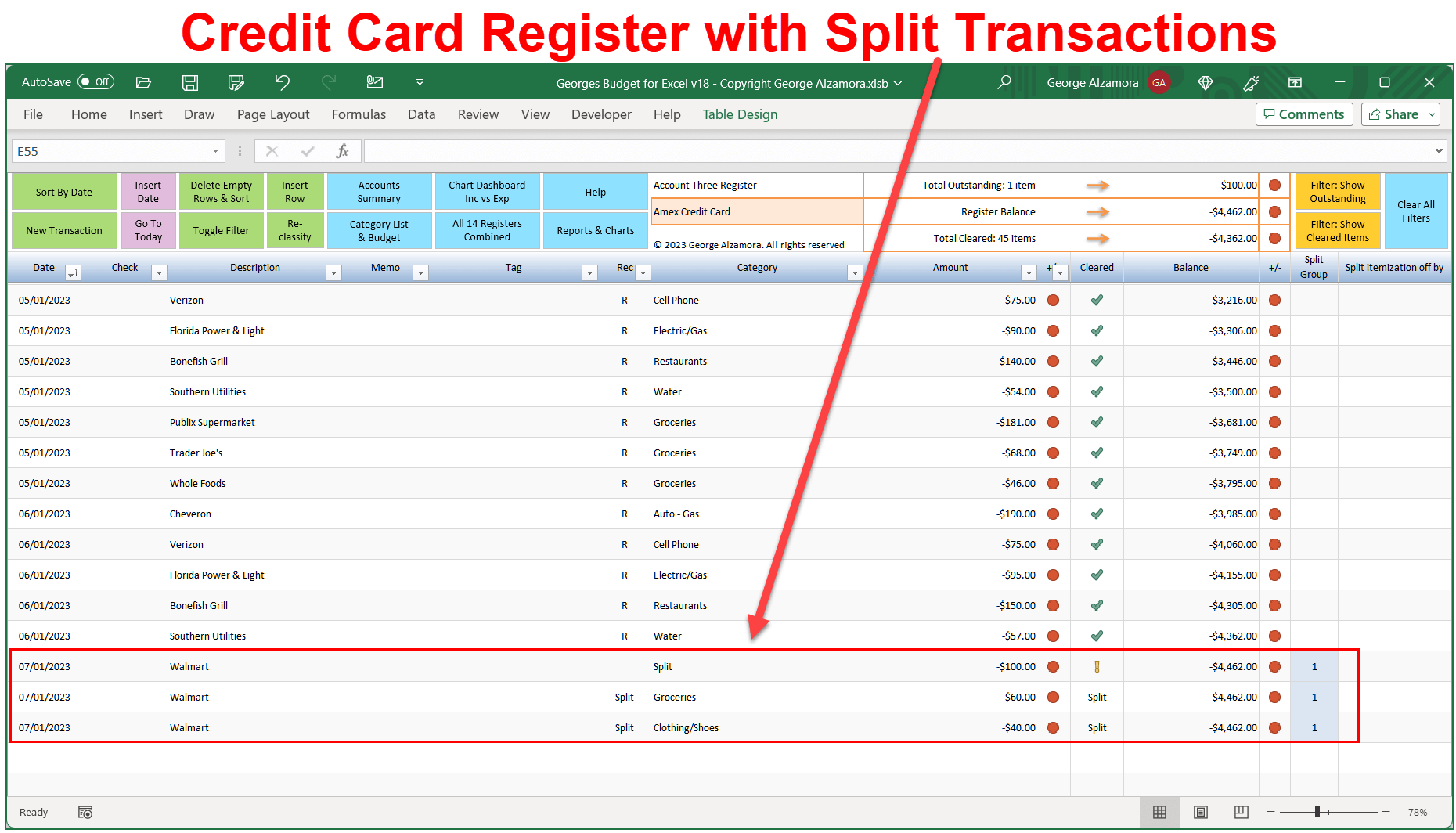 Credit card register with split transactions spreadsheet