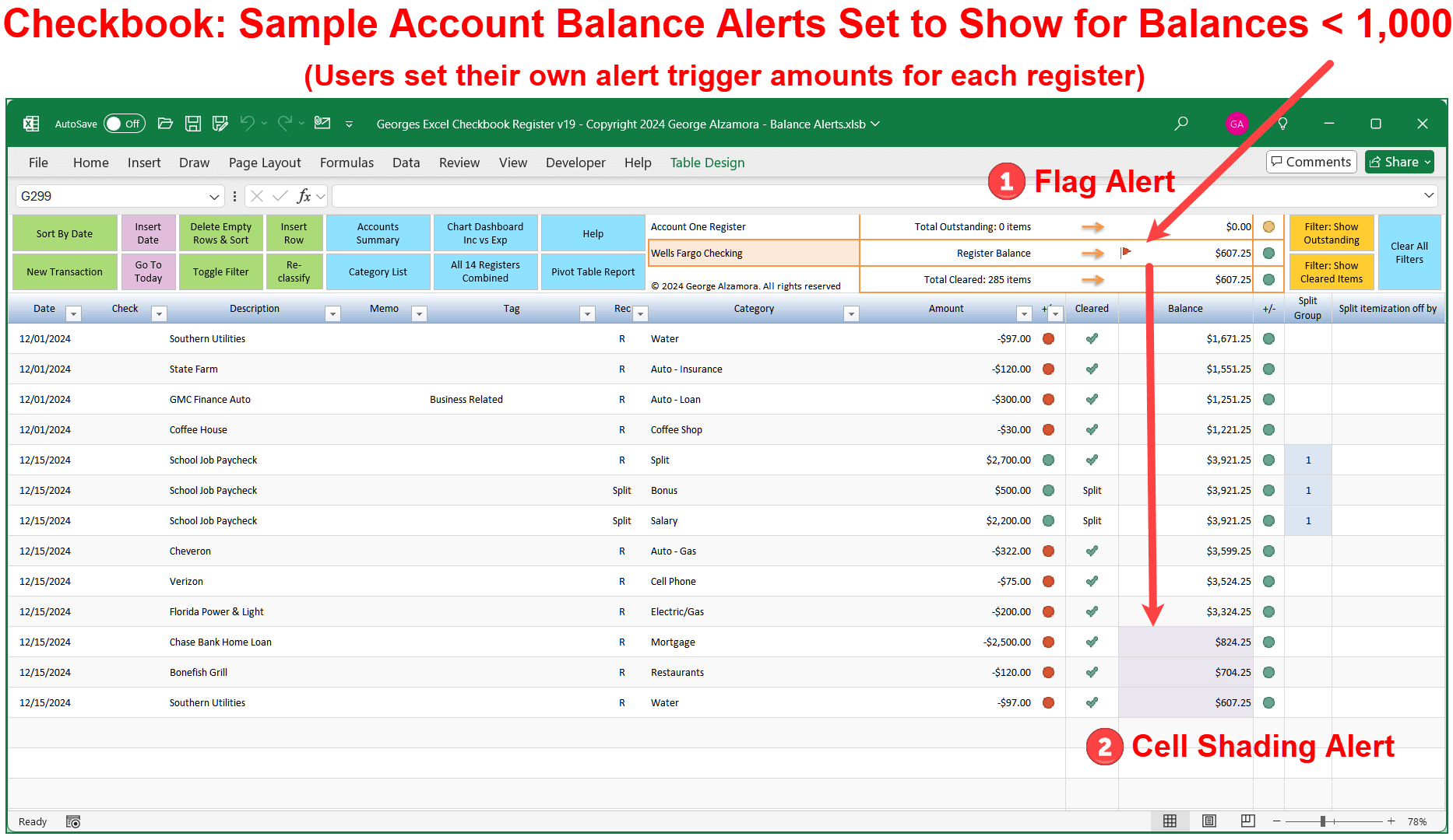 Excel Checkbook Register Bank Account Alerts