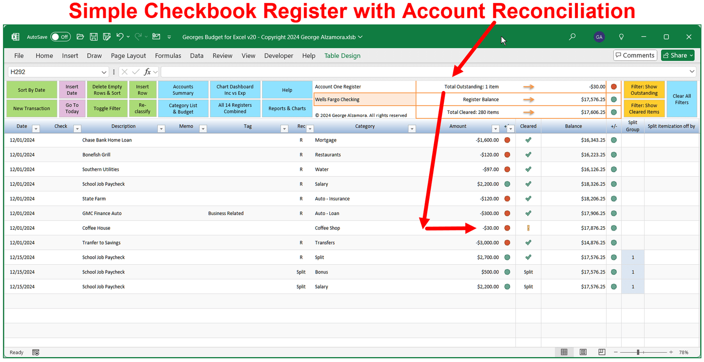 Excel Checkbook Register with Account Reconciliation