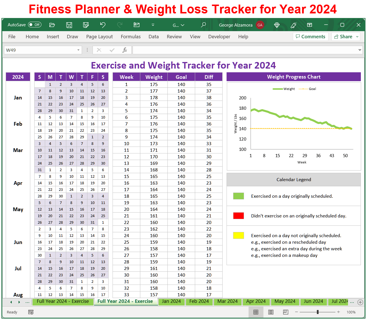 Fitness Calendar Weight Loss Tracker Year 2024