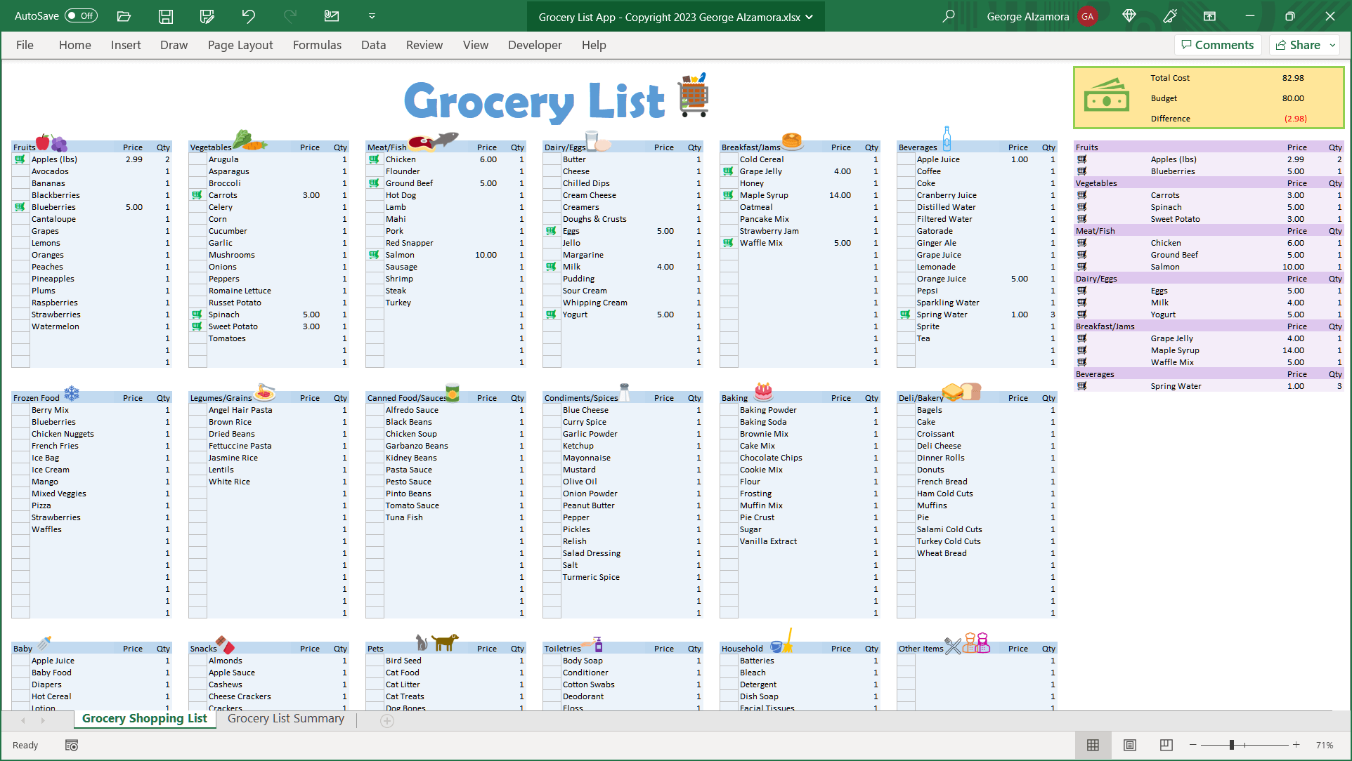 Grocery Shopping List App Excel