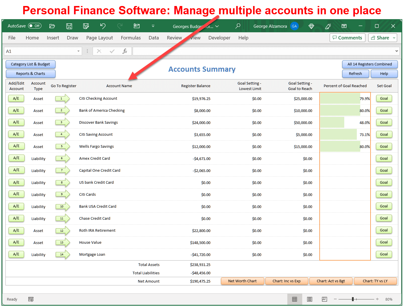 Personal finance software manage multiple accounts