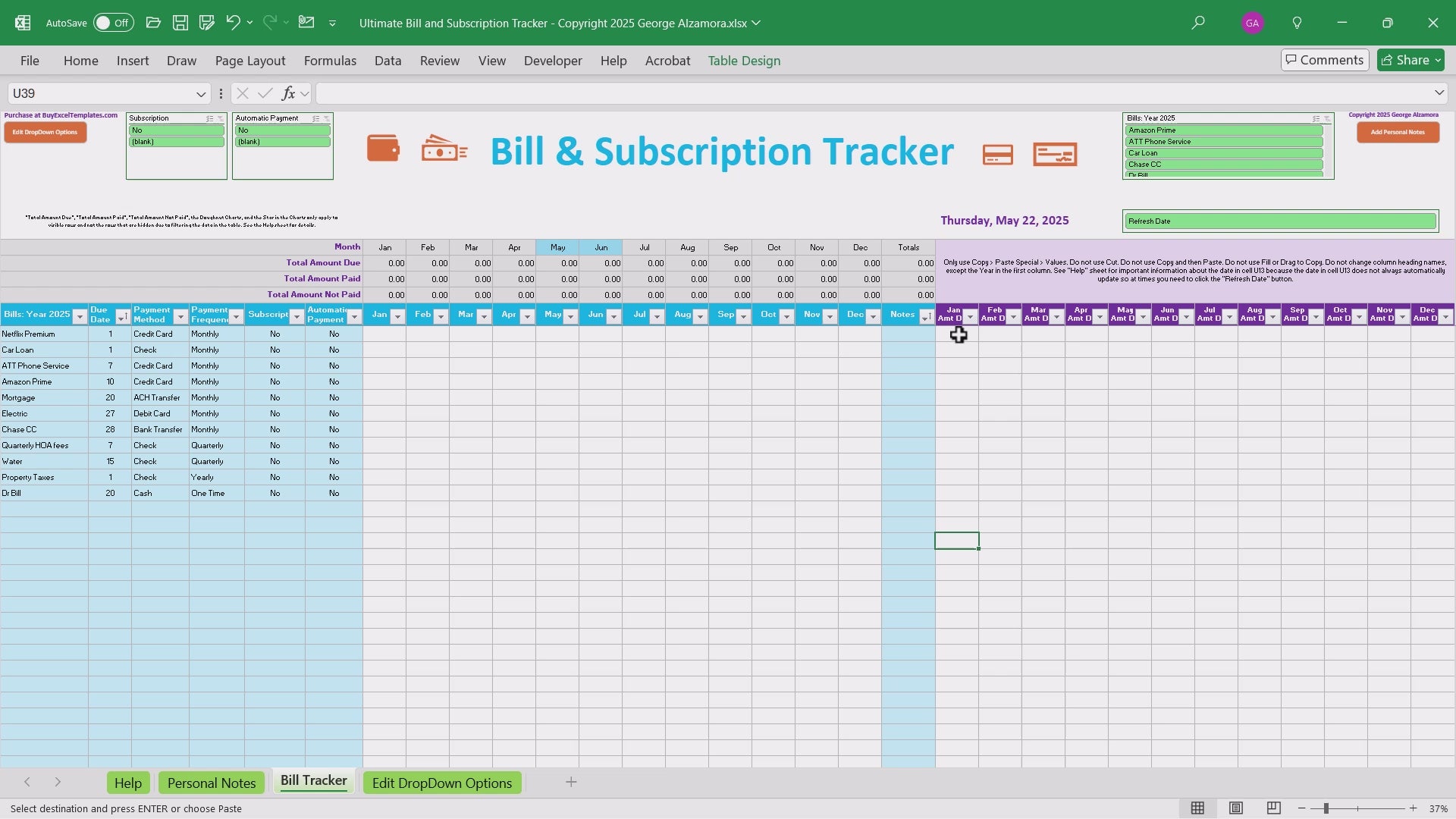 Bill Tracker Spreadsheet