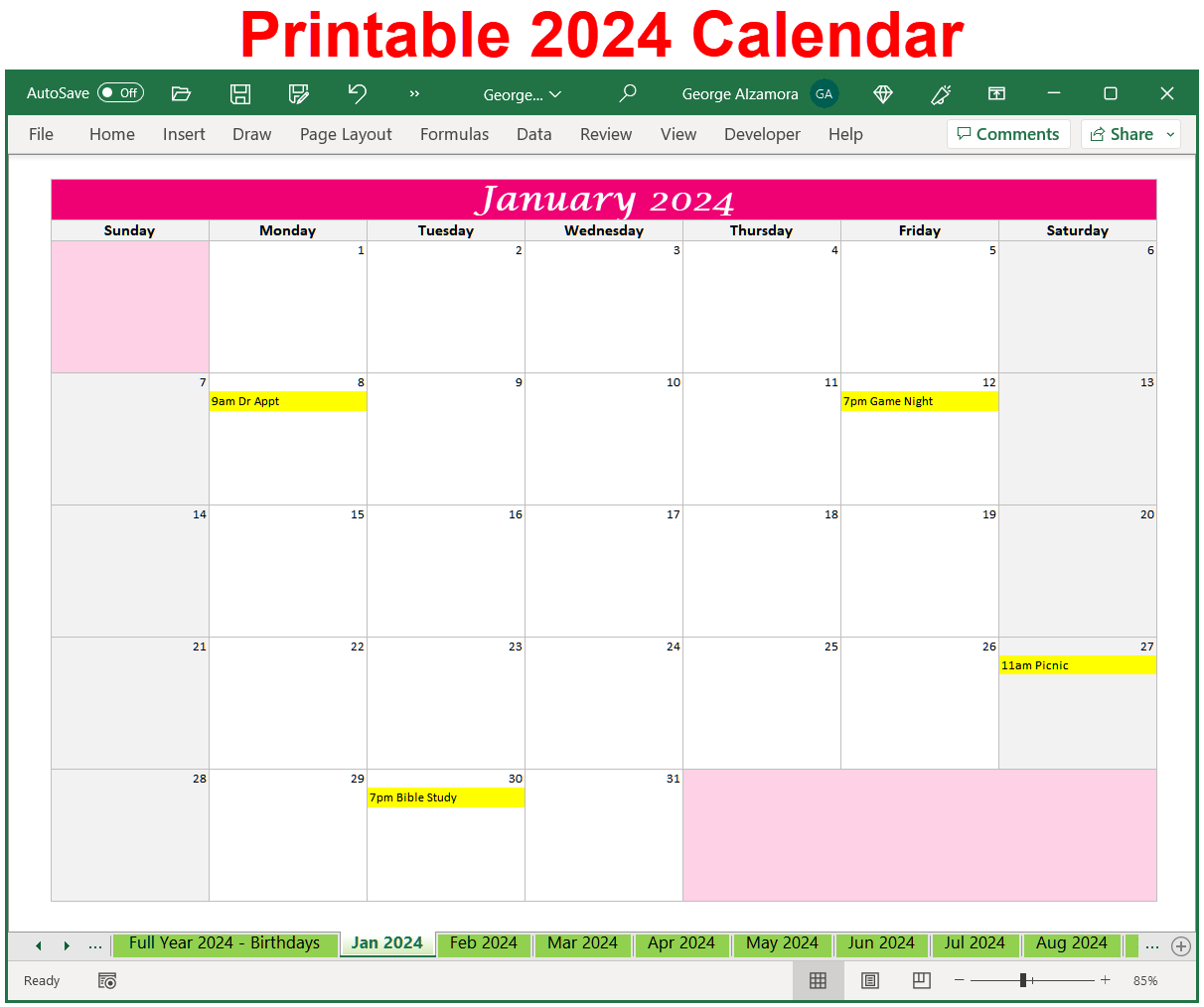 Printable 2024 Calendar Spreadsheet