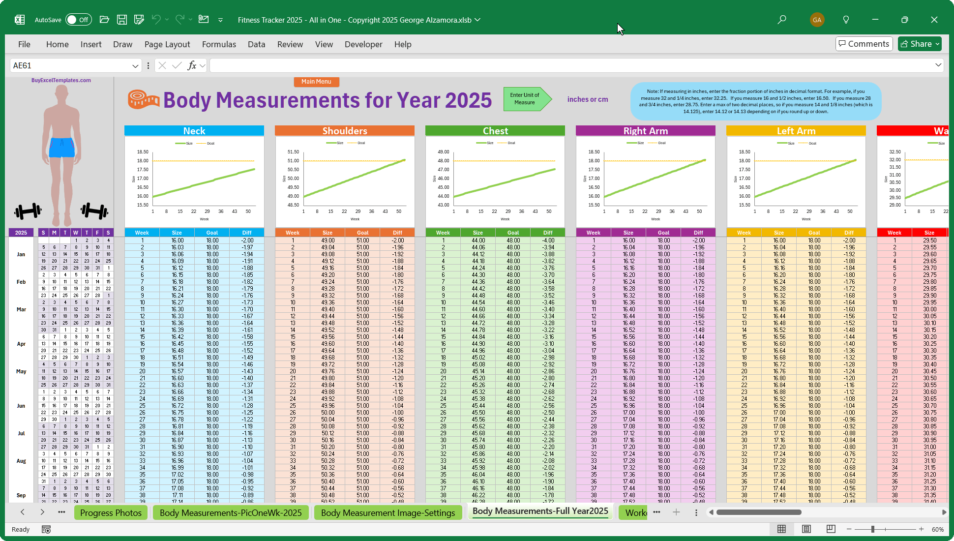 Printable Body Measurement Tracker Spreadsheet