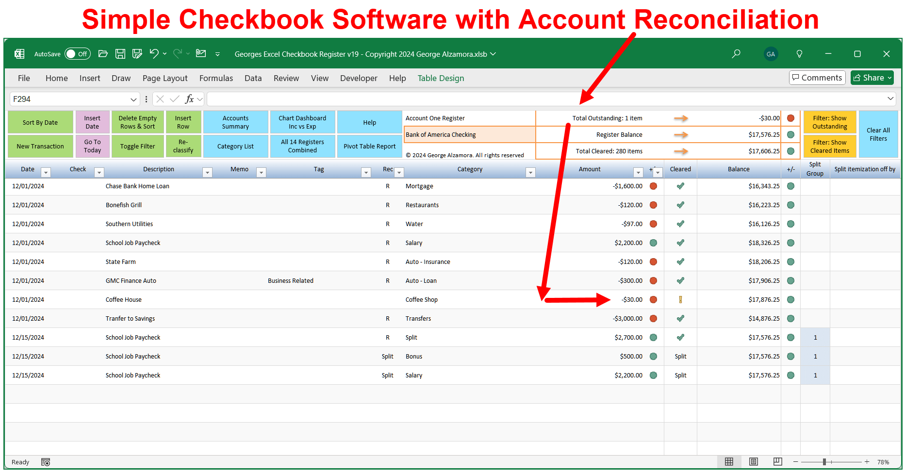 Simple Checkbook Template Balance Bank Account