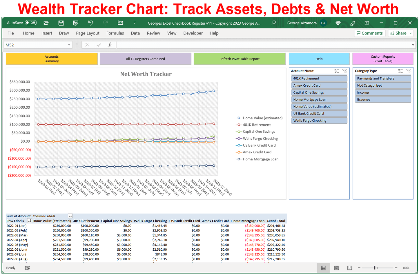 Wealth Tracker Chart Assets Debts Net Worth Over Time