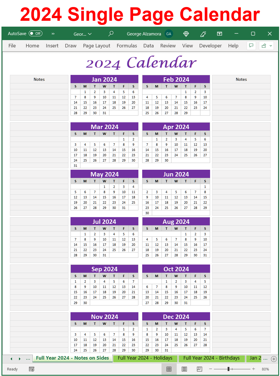 Year 2024 Single Page Calendar