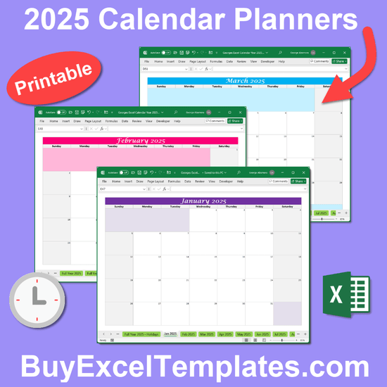 2025 Calendar Spreadsheet Printable and Editable