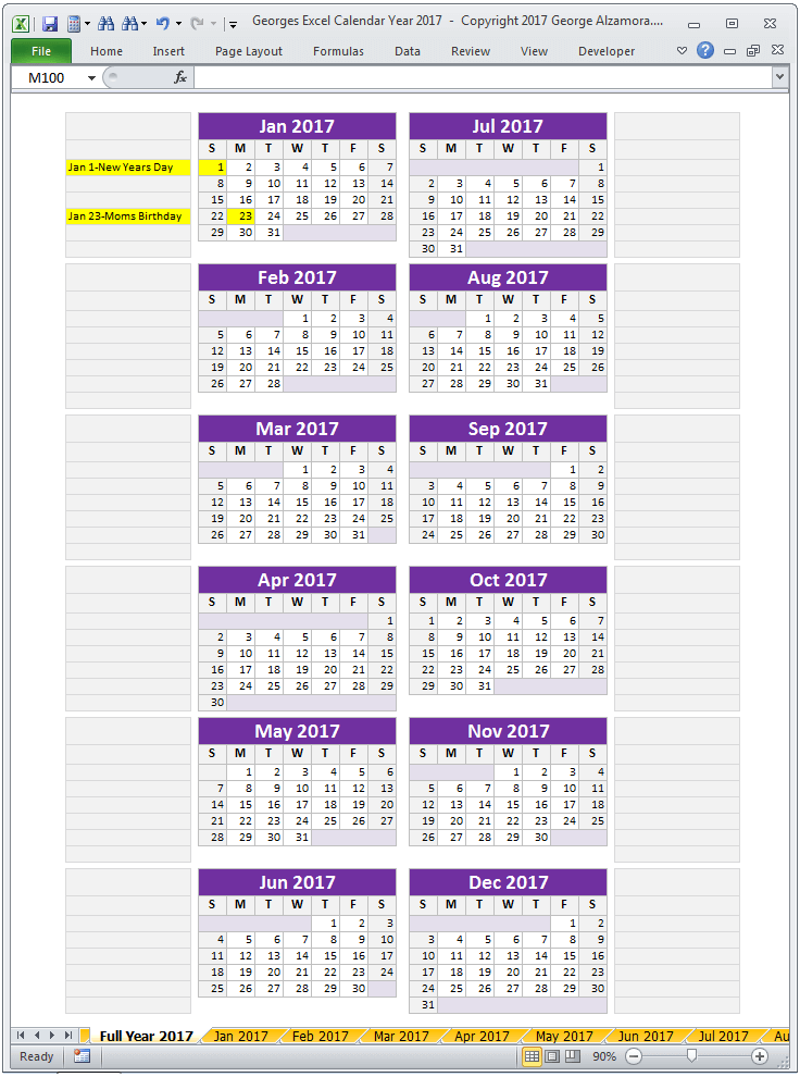 2017 Calendar Full Year Plus Notes - Excel-Spreadsheet