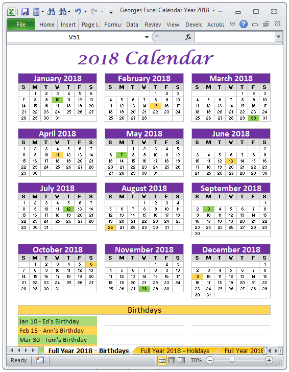 2018 Calendar Birthdays Full Year Excel Spreadsheet Printable
