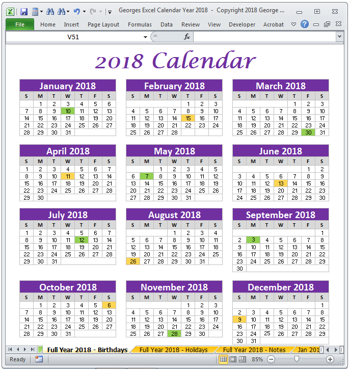 2018 Calendar Full Year One Page Excel Spreadsheet Printable