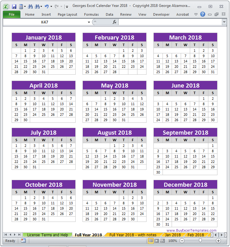 2018 yearly calendar - single page - Excel template