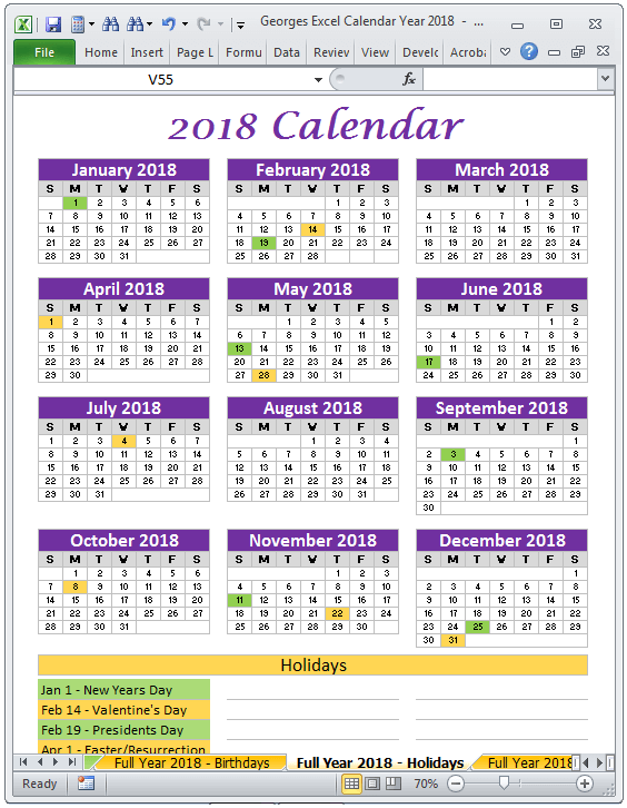 2018 Calendar With Holidays Full Year Excel Spreadsheet Printable