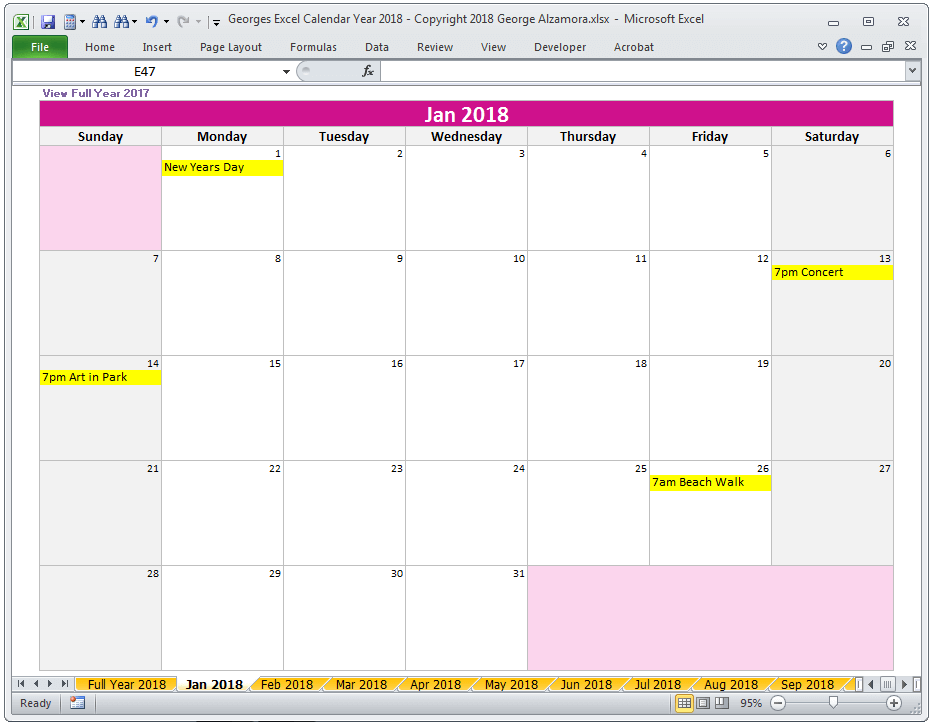 2018 Calendar Excel Ready To Use Printable Calendar 2024