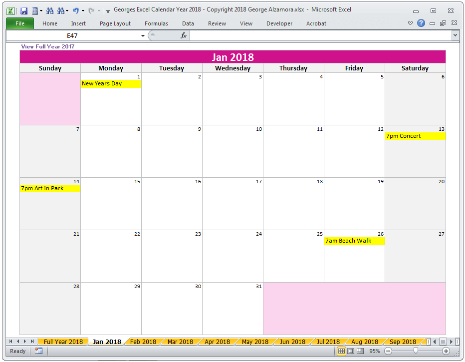 2018 Calendar Year Excel Spreadsheet