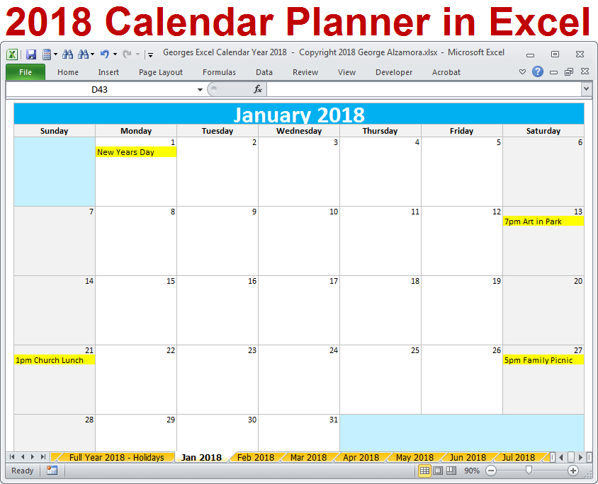 2018 Calendar Year Excel Spreadsheet