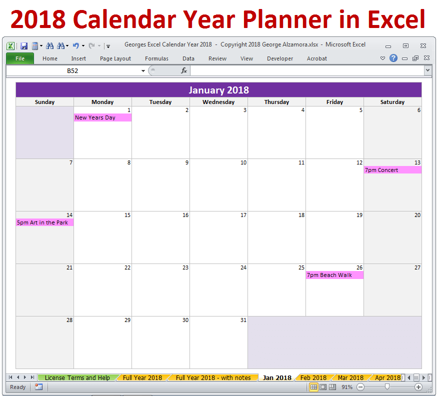 2018 monthly calendar Excel spreadsheet