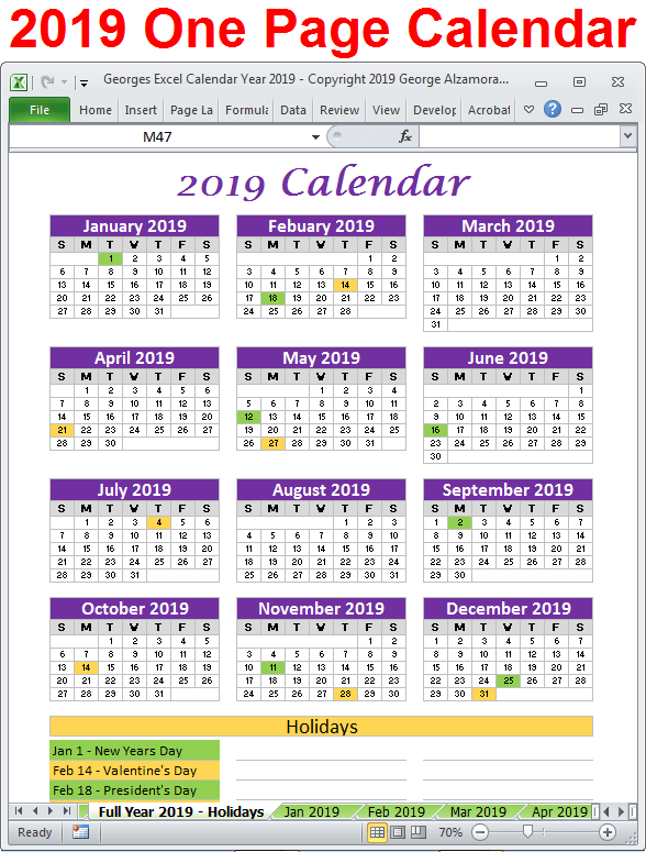 2019 calendar one page printable excel