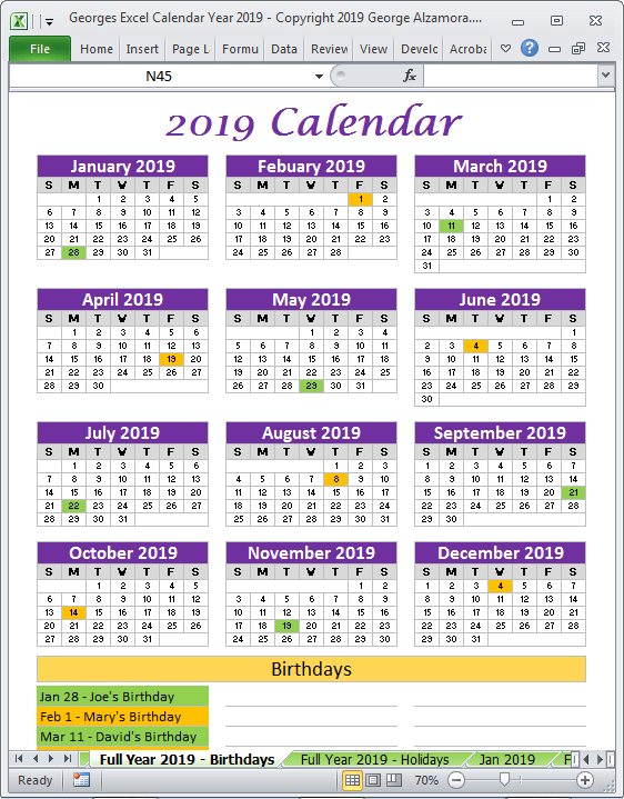 2019 calendar track birthdays Excel templates