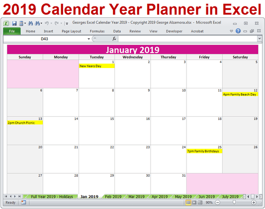 2019 Calendar Year - Excel Spreadsheet