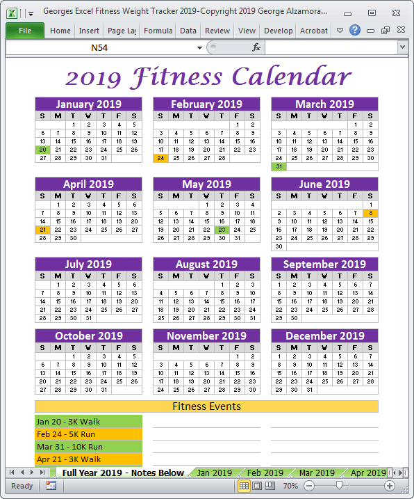 2019 fitness events full year calendar Excel templates