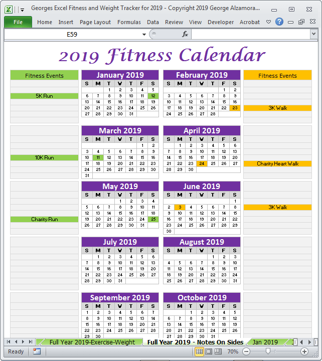 2019 fitness planner one page full year