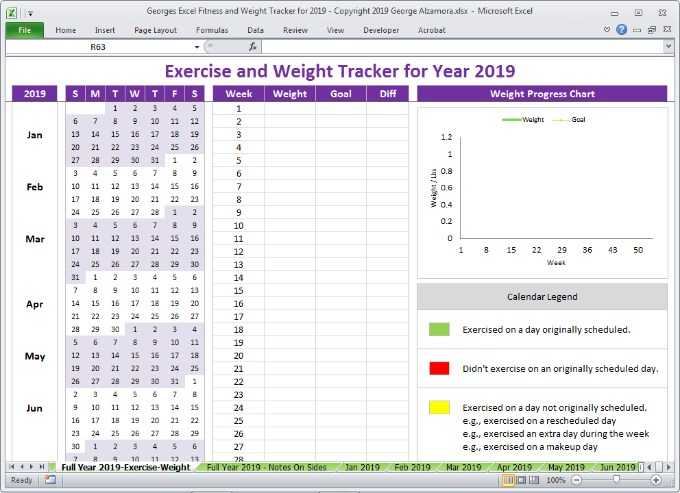 2019 fitness schedule full year weight tracking