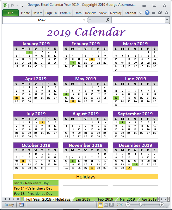 2019 holidays calendar single page printable excel template