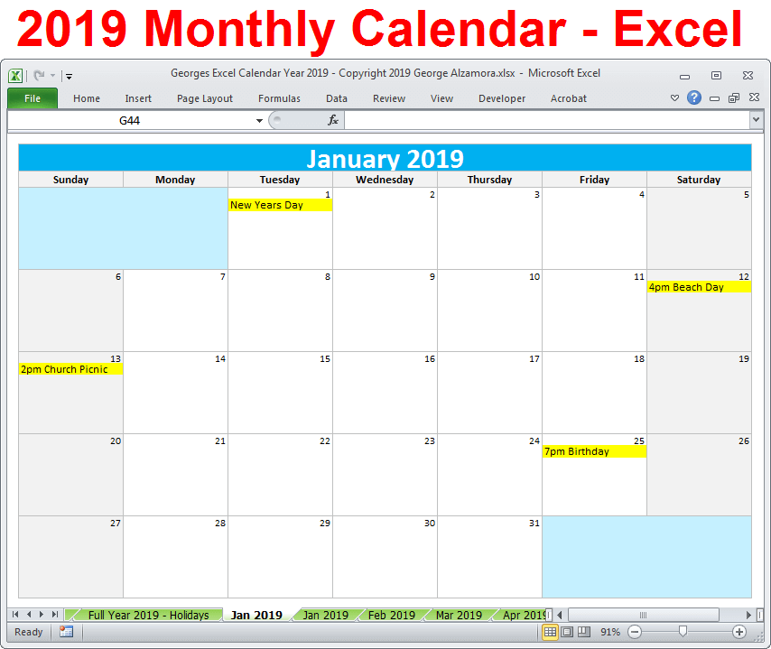 2019 monthly calendar printable excel templates