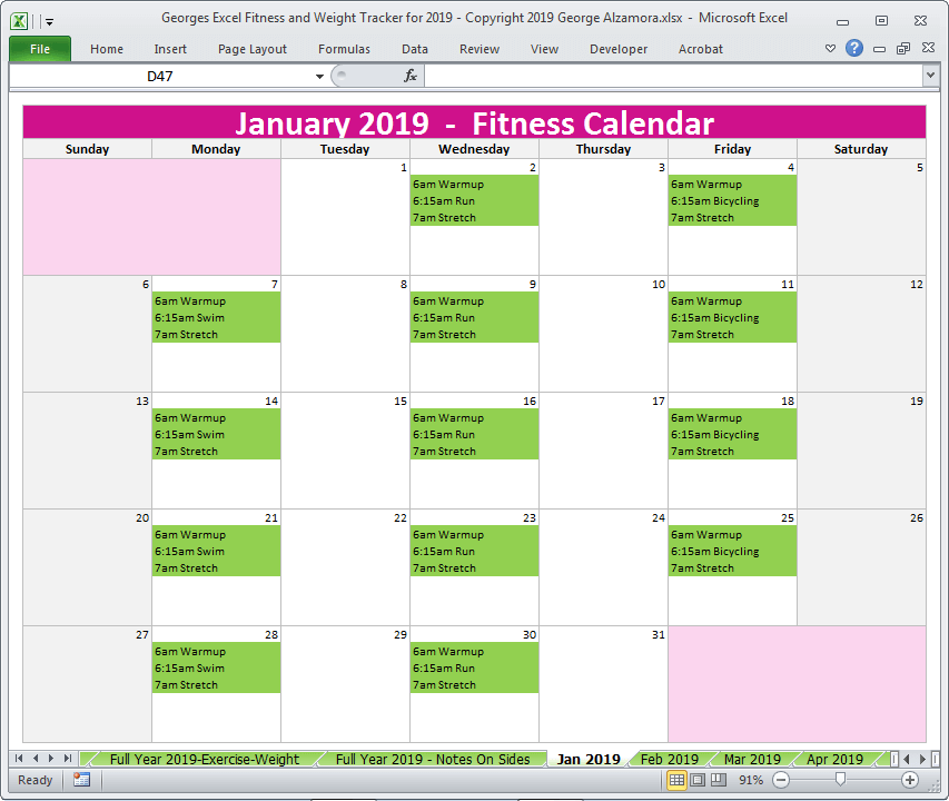 2019 monthly exercise planner Excel templates
