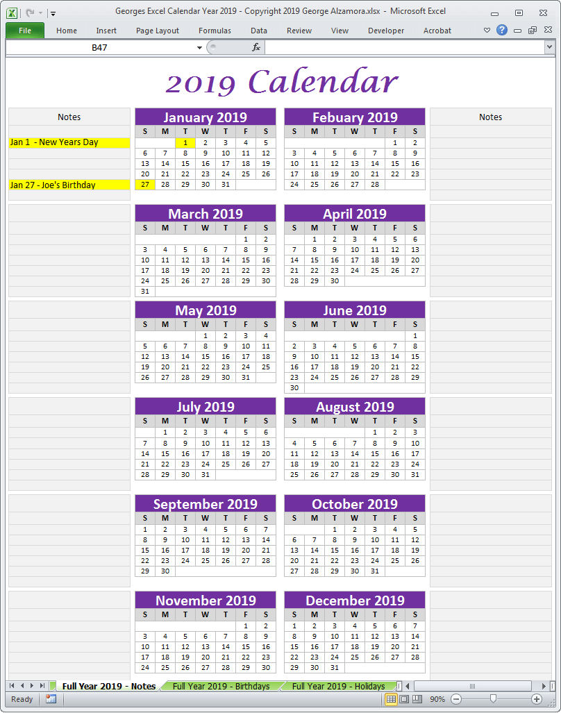 2019 single one page calendar planner excel