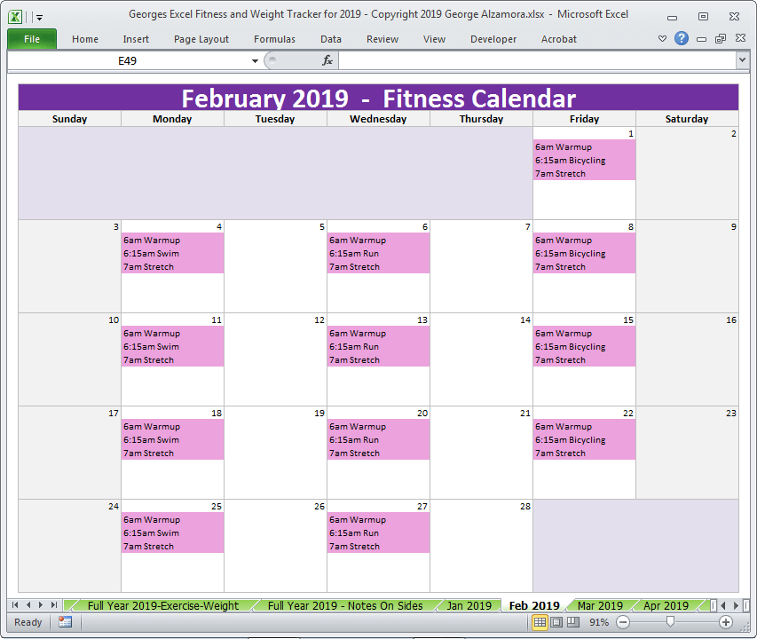 2019 monthly workout calendar planner Excel